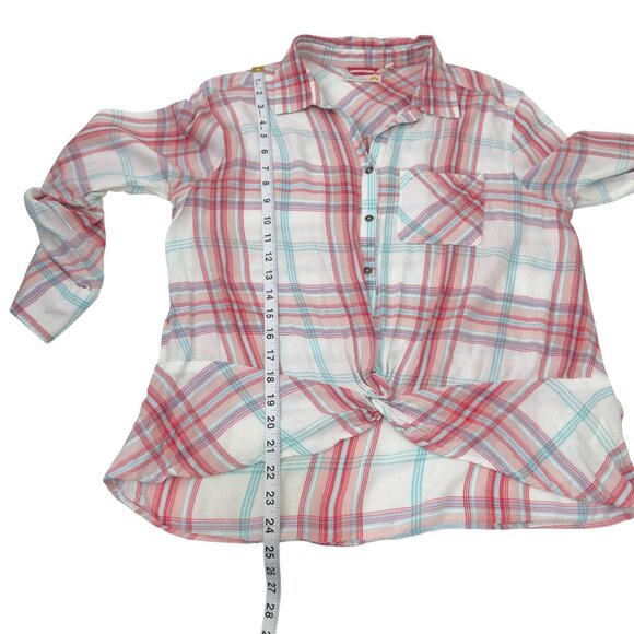 C&C California Women Plaid Button-Up Shirt M Pink & Teal Long Sleeve Twist Front - Picture 6 of 9